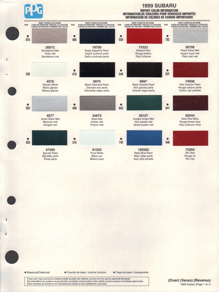 1999 Subaru Paint Charts PPG 1